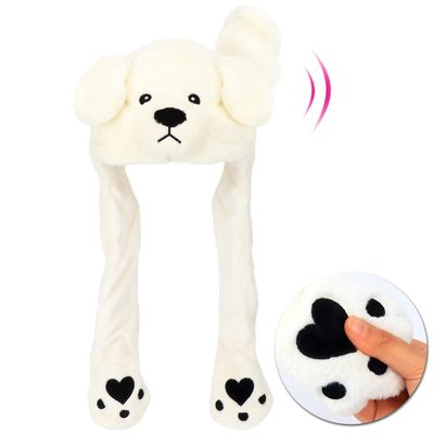Bubblepompom Polar Bear Hat with Ears Moving Jumping Pop Up Beating White Bear Hat Plush Holiday Cosplay Dress Up Funny Party Gift for Kids Boys Girls, 22''