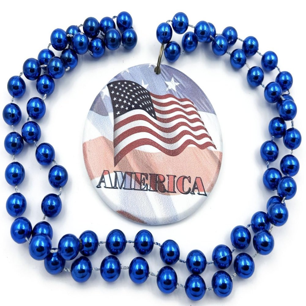 America Flag Medallion Mardi Gras Bead Necklace Cajun New Orleans Louisiana