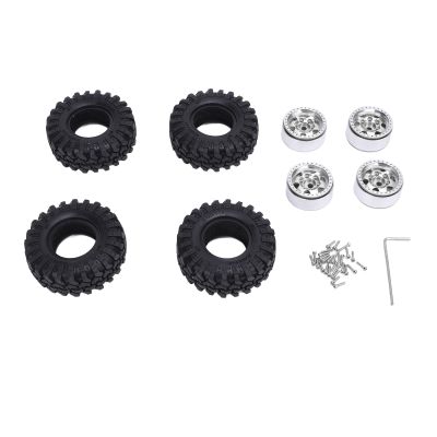 4PCS 1.0 Oval Wheel Hubs Aluminum Alloy Hub and Rubber Tire Set for 1/24 Scale Climbing Car (Silver)