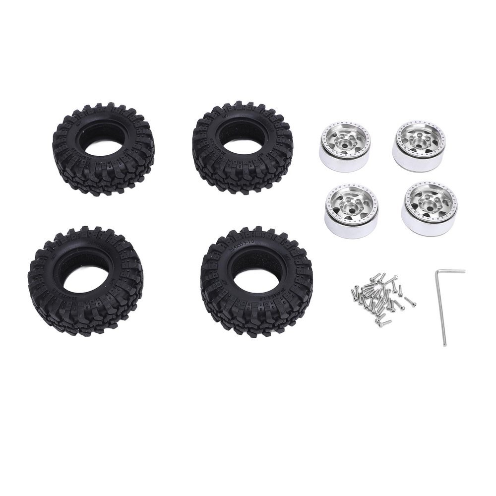 4PCS 1.0 Oval Wheel Hubs Aluminum Alloy Hub and Rubber Tire Set for 1/24 Scale Climbing Car (Silver)