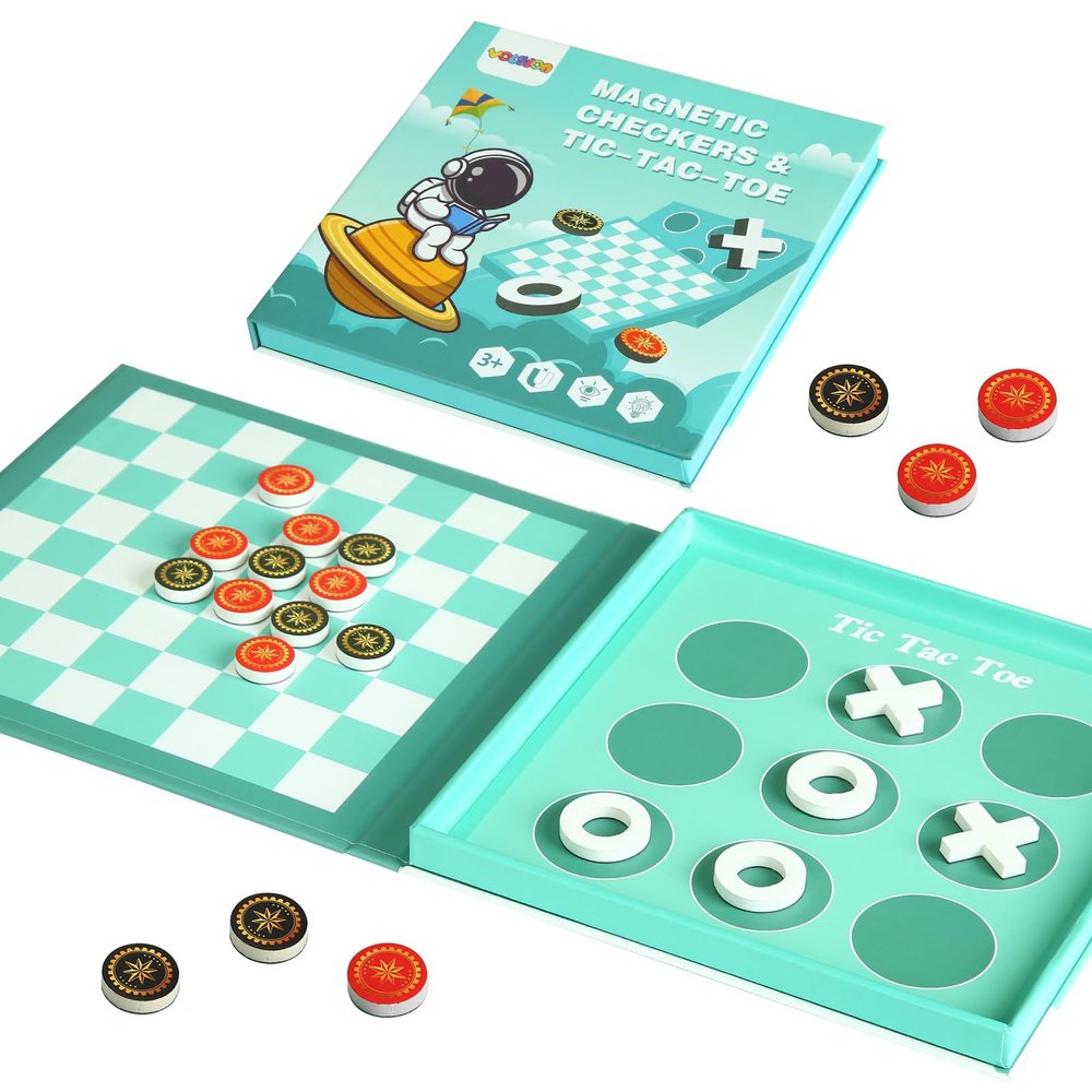 2-in-1 Magnetic Checkers & Tic-Tac-Toe Board Game | Travel Activities for Kids | Foldable Plane and Car Games | Family Fun Travel Essentials for Boy and Girl Over 3 Years