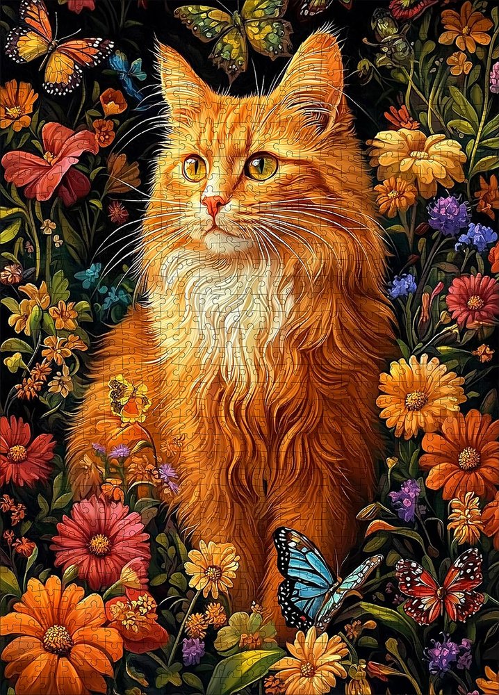 1000pcs Jigsaw Puzzle - Orange Cat in Flowers Design, Large Paper Puzzle for Adults, Interactive Family Game, DIY Brain Challenge, Scratch-Resistant, Square Shape, Ideal