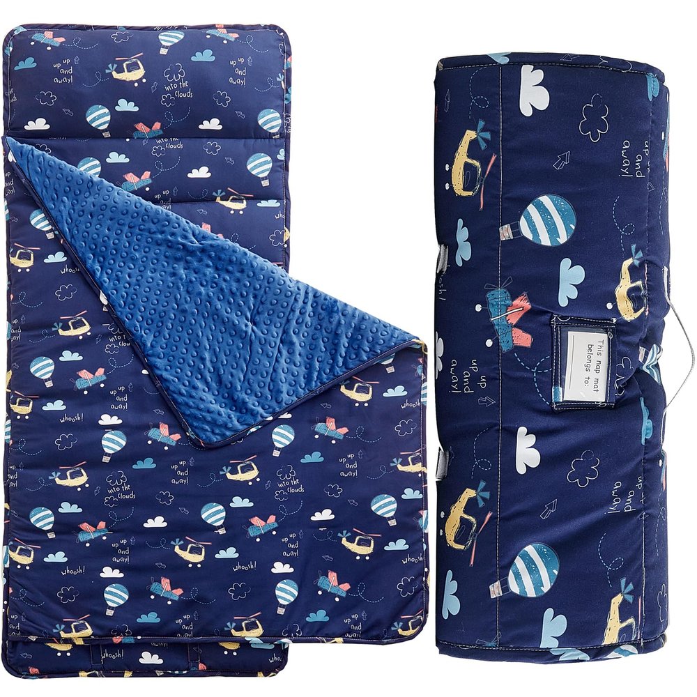 Toddler Nap Mat with Pillow and Blanket,Ultra Soft Slumber Bags for Boys,Kids Sleeping Bags with Roll Up Design, Perfect for Preschool,Daycare, Kindergarten-Navy Blue