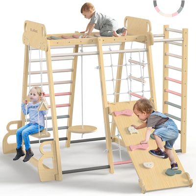 BlueWood Upgraded Indoor Jungle Gym 9-in-1 Playground Kids Climbing Toys, Waldorf Style Wooden Climber Playset with Slide, Swing, Monkey Bars, Upright/Rope Ladder, Climb Net, Pink