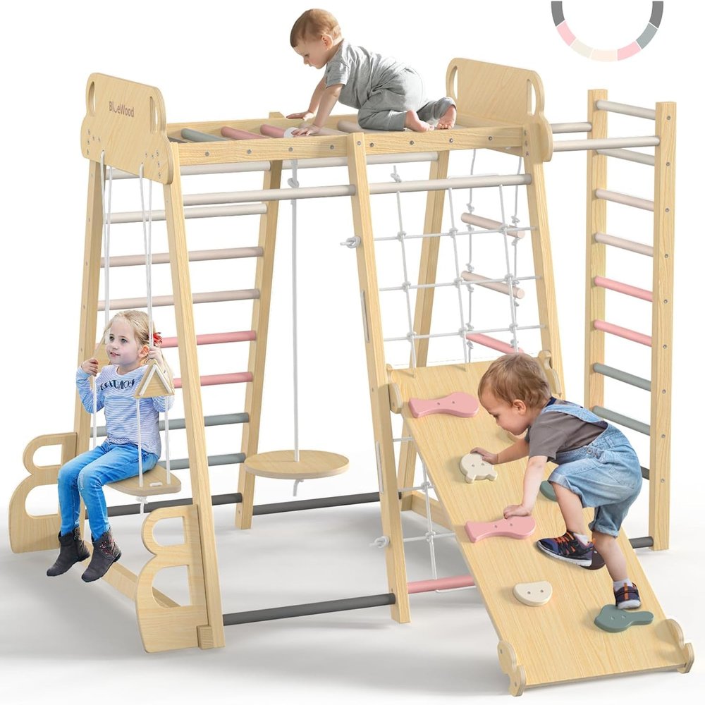 BlueWood Upgraded Indoor Jungle Gym 9-in-1 Playground Kids Climbing Toys, Waldorf Style Wooden Climber Playset with Slide, Swing, Monkey Bars, Upright/Rope Ladder, Climb Net, Pink