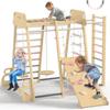 BlueWood Upgraded Indoor Jungle Gym 9-in-1 Playground Kids Climbing Toys, Waldorf Style Wooden Climber Playset with Slide, Swing, Monkey Bars, Upright/Rope Ladder, Climb Net, Pink view 1