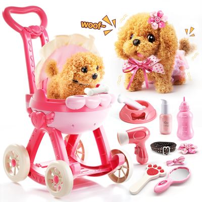 Jovow 14PCS Dog Toys for Kids Girls,Electronic Pretend Puppy Stroller Playset for Toddler,Walking Barking Dog Toy & Feeding Accessories,Birthday Gift for Girls Boys Age 3 4 5 6 7 8 Year Old.