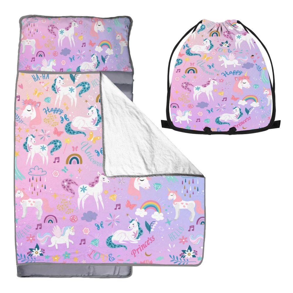 Cute Toddler Nap Mat with Pillow & BlanketSoft Rolled Napping Mats for Boys and Girls, Warm Kids Sleeping Bag Lightweight Slumber Bags for Daycare Preschool Travel (Unicorn)
