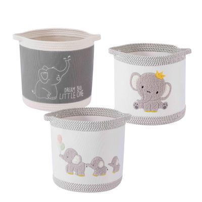 3-Piece Woven Baby Toy Blanket Storage Baskets Laundry Hampers, Elephant Design Foldable Nursery Organizer for Toys Clothes Stuffed Animals, Roomy Sturdy Hamper for Baby Gift Nursery Decor Basket
