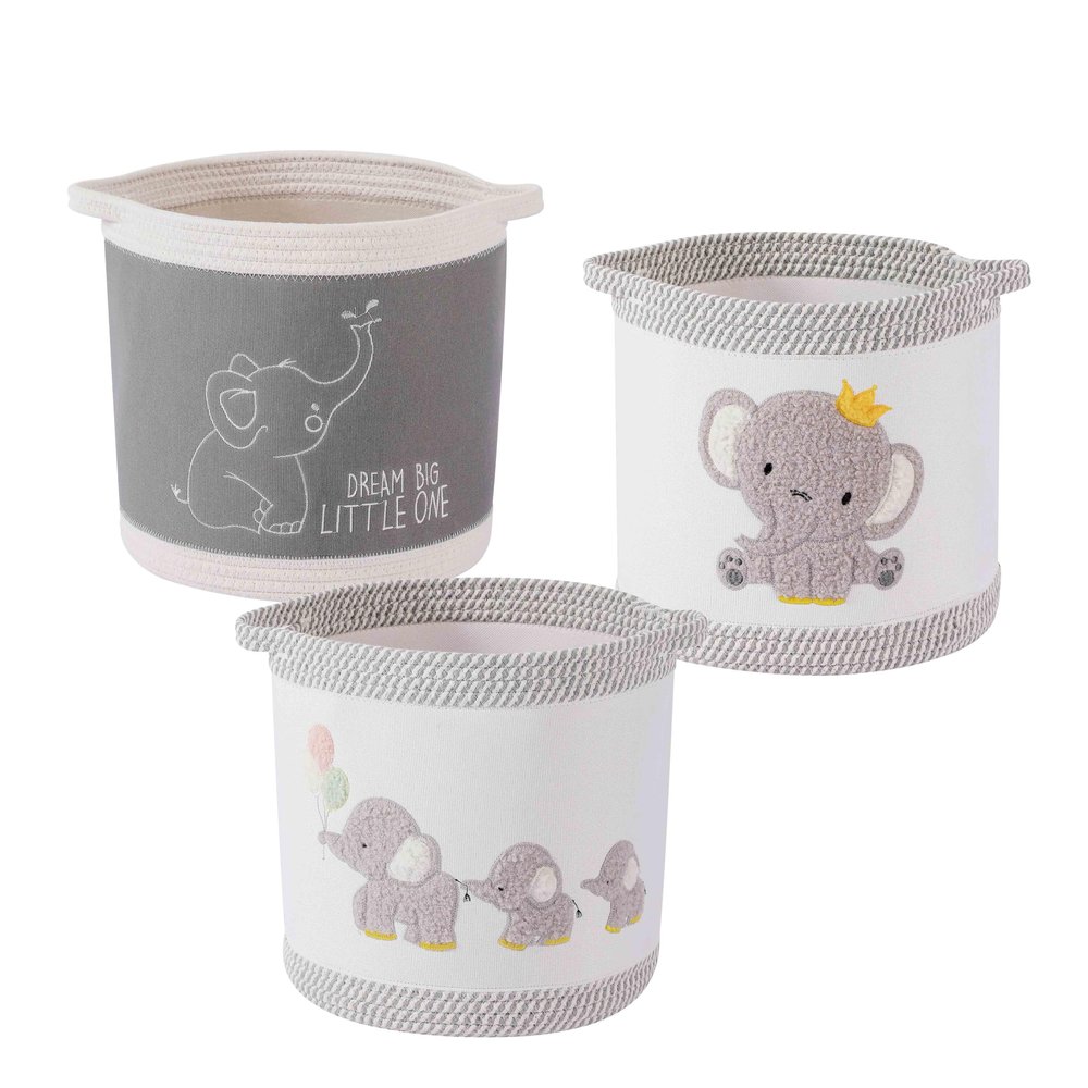 3-Piece Woven Baby Toy Blanket Storage Baskets Laundry Hampers, Elephant Design Foldable Nursery Organizer for Toys Clothes Stuffed Animals, Roomy Sturdy Hamper for Baby Gift Nursery Decor Basket