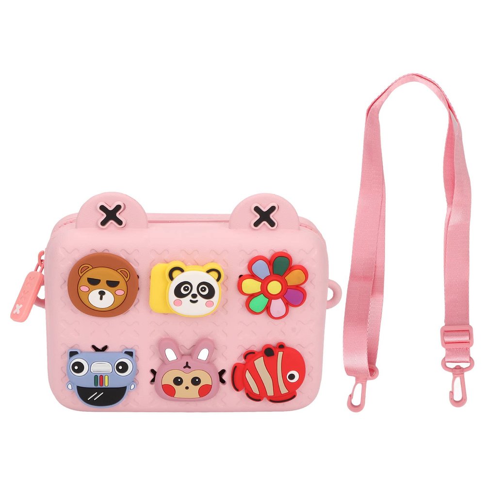 Mbeysaq Kids EVA Camera Sling Bag with DIY Cartoon Decor, Red, Shockproof Shoulder Bag for Kids, Gift for Boys & Girls (Pink)