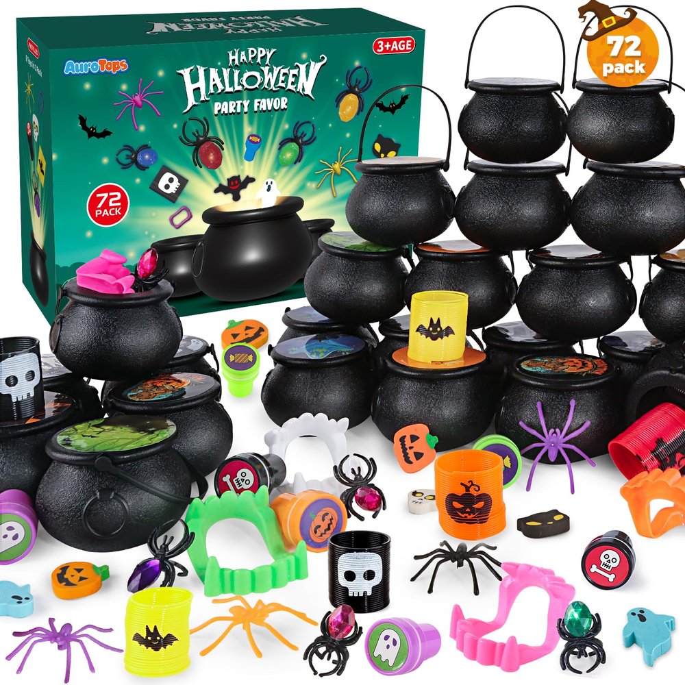 AuroTops Halloween Party Favors,72 Pack Prefilled Small Plastic Witch Cauldron Toys in Bulk Halloween Prizes Miniatures for Kids Trick or Treat Toys for Kids Gifts Halloween Goodie Bags Stuffers