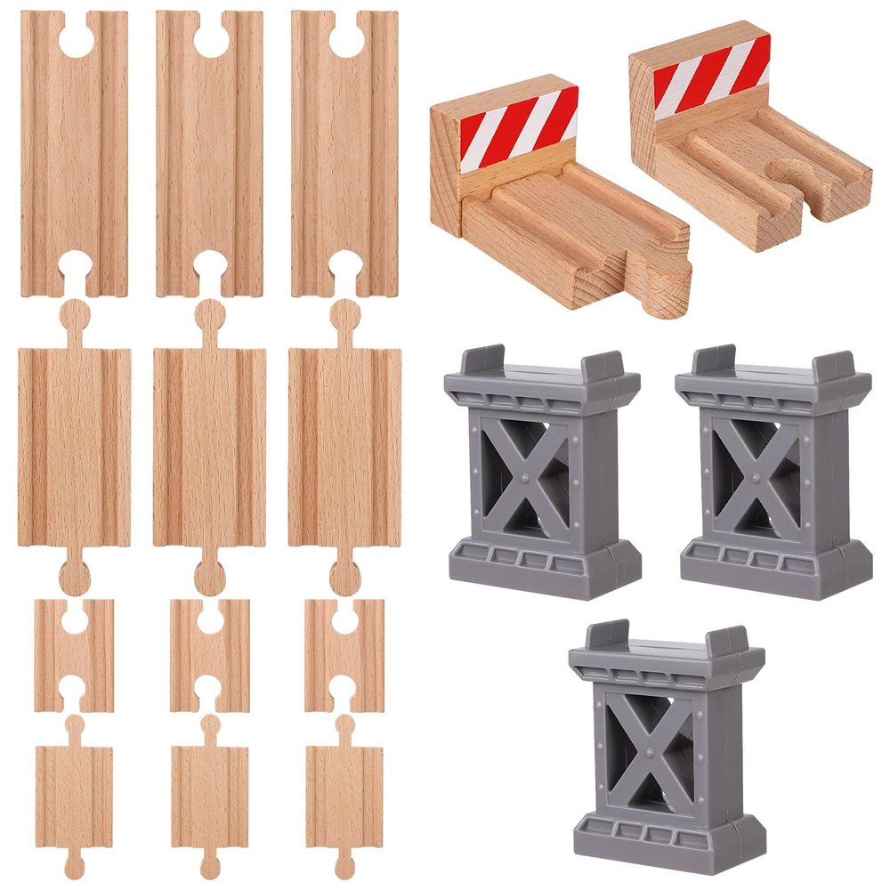 17 Pcs Wooden Train Track Connectors Adapters Set Wood Train Track Pieces Accessories Trains Bridge Pier Straight Wooden Tracks Expansion Male Male Female Female for Most Track Railway Accessories