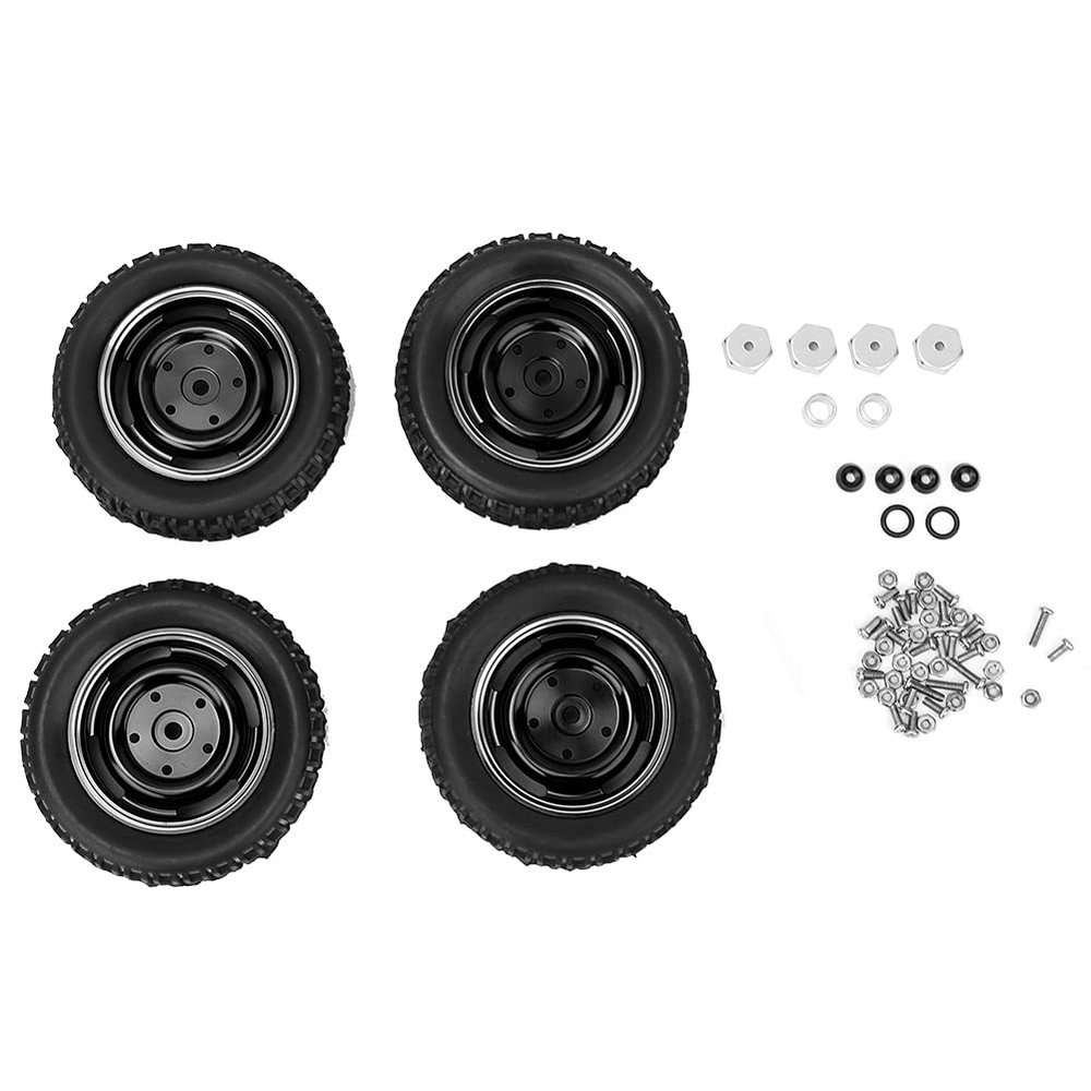4 Packs Rubber Tire Metal Wheel Rim, Go Kart Tires and Rims, Aluminum Alloy Rims and Rubber Tires, with Screw Accessories, Fit for MN D90 MN-91 FJ-45 RC Car