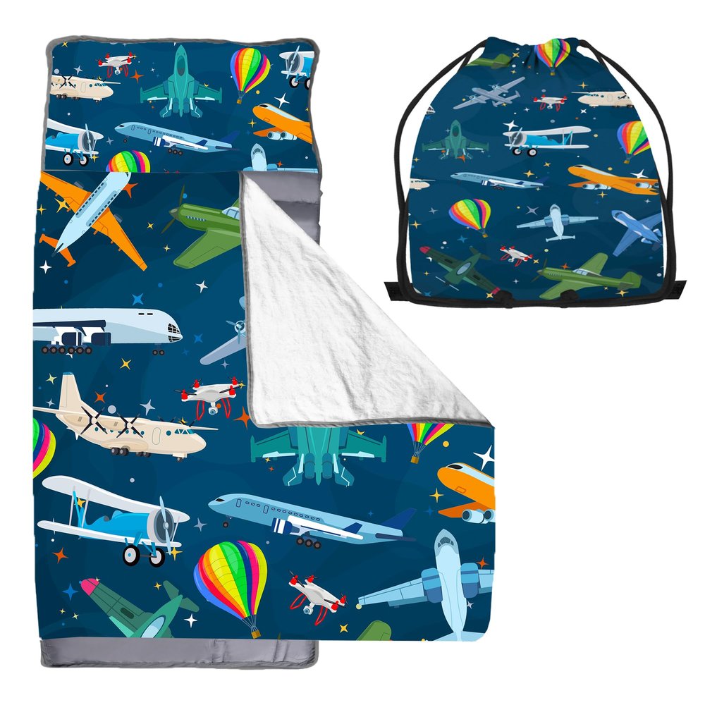 Cute Toddler Nap Mat with Pillow & BlanketSoft Rolled Napping Mats for Boys and Girls, Warm Kids Sleeping Bag Lightweight Slumber Bags for Daycare Preschool Travel (Airplane)