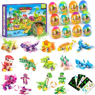 12 Dinosaur Building Toys with Prefilled Egg for Easter Party Favors, Easter Egg Hunt for Kids  3-in-1 STEM Sets Create 36 Dino Figures  Includes Glow Tattoos, Perfect Holiday Gift for Boys & Girls