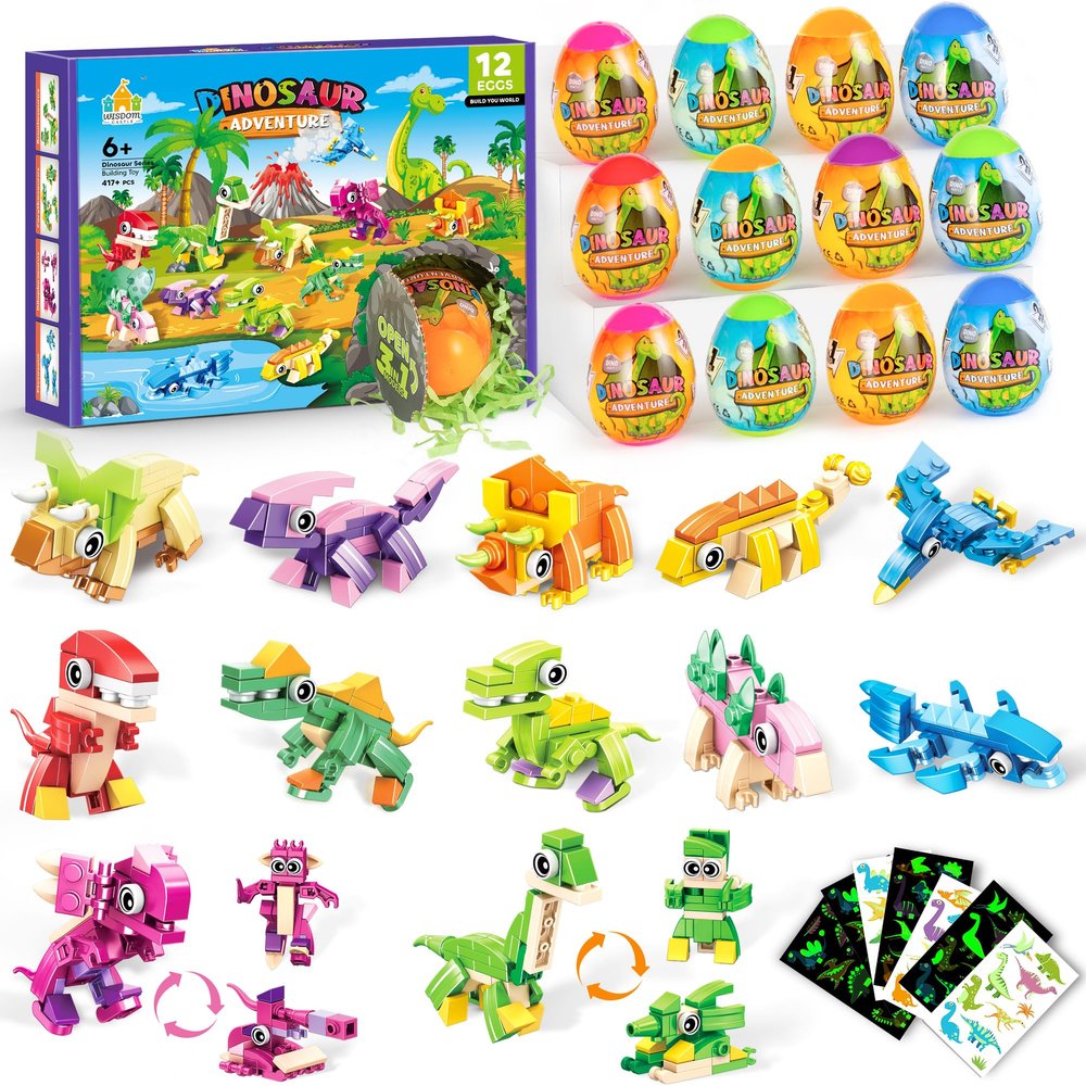 12 Dinosaur Building Toys with Prefilled Egg for Easter Party Favors, Easter Egg Hunt for Kids  3-in-1 STEM Sets Create 36 Dino Figures  Includes Glow Tattoos, Perfect Holiday Gift for Boys & Girls