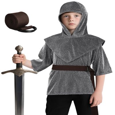 Kids Renaissance Imitative Chain Mail Shirt with Coif Medieval Knight Costume Armor Tunic Costume Belt Set