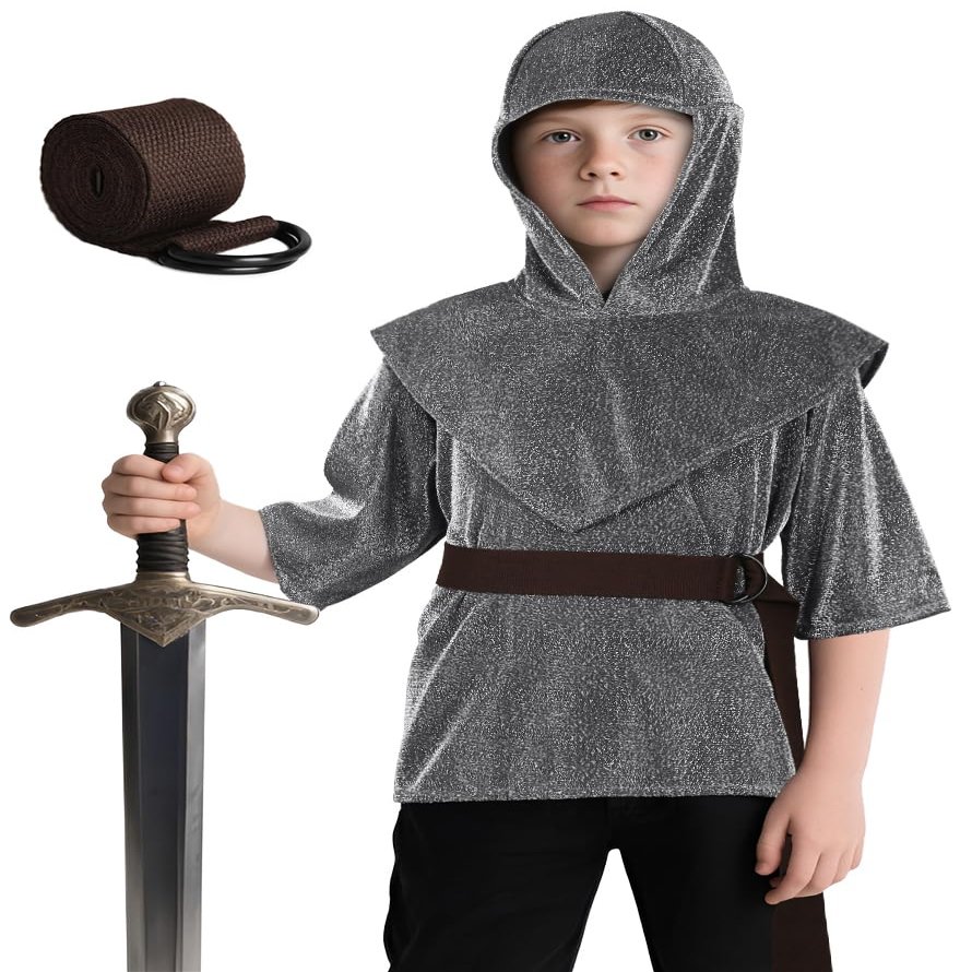 Kids Renaissance Imitative Chain Mail Shirt with Coif Medieval Knight Costume Armor Tunic Costume Belt Set