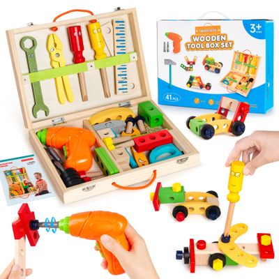 Innotoys Kids Tool Set with Drill, Montessori Toys for 2 3 4 5 6 Years, Toddler Toys Easter Basket Stuffers, 41 Pcs Wooden STEM Construction Learning Pretend Play Games, Birthday Gift for Boys Girls