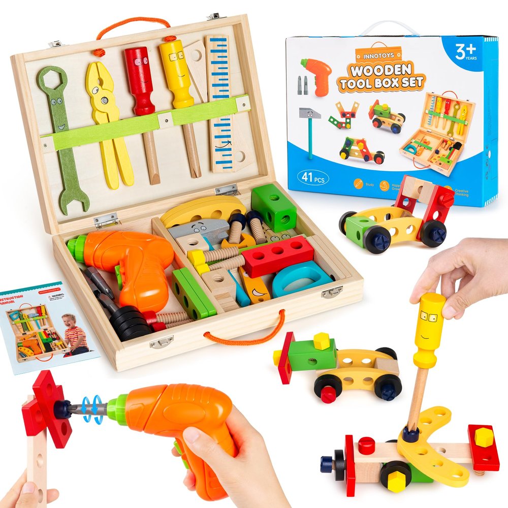 Innotoys Kids Tool Set with Drill, Montessori Toys for 2 3 4 5 6 Years, Toddler Toys Easter Basket Stuffers, 41 Pcs Wooden STEM Construction Learning Pretend Play Games, Birthday Gift for Boys Girls