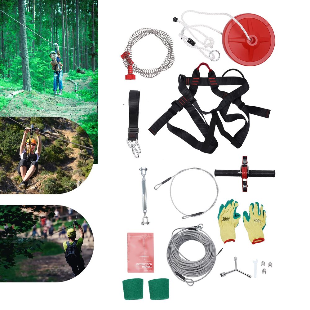 160 Ft Zip Line Kit for Kids and Adult, Zipline Kits with Stainless Steel Spring Brake, Outdoor Slack Line for Backyard, Parks, Camping, Playgrounds, Loading Capacity 150kg/330lbs