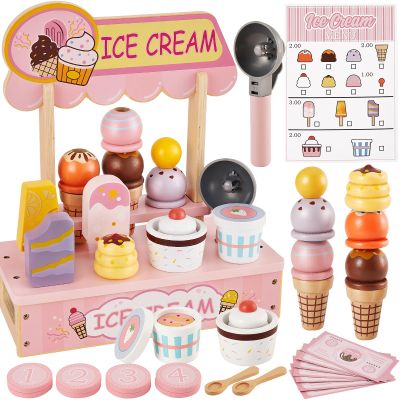 HERSITY Wooden Ice Cream Counter Pretend Play Food for Toddlers 3-5, Ice Cream Shop Stand Popsicle Toy Set Gifts for 3+ 4 5 6 Year Old Girls Boys, Pink
