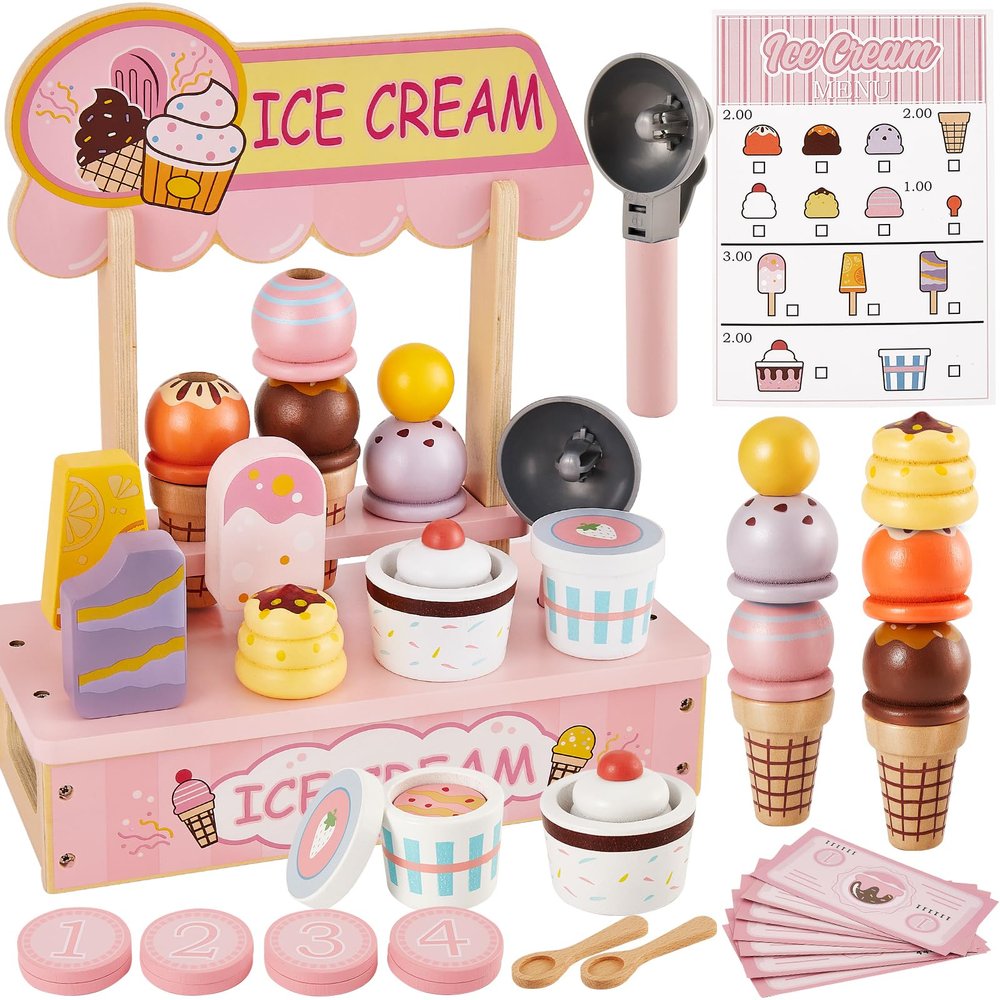 HERSITY Wooden Ice Cream Counter Pretend Play Food for Toddlers 3-5, Ice Cream Shop Stand Popsicle Toy Set Gifts for 3+ 4 5 6 Year Old Girls Boys, Pink