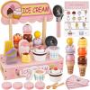 HERSITY Wooden Ice Cream Counter Pretend Play Food for Toddlers 3-5, Ice Cream Shop Stand Popsicle Toy Set Gifts for 3+ 4 5 6 Year Old Girls Boys, Pink view 1
