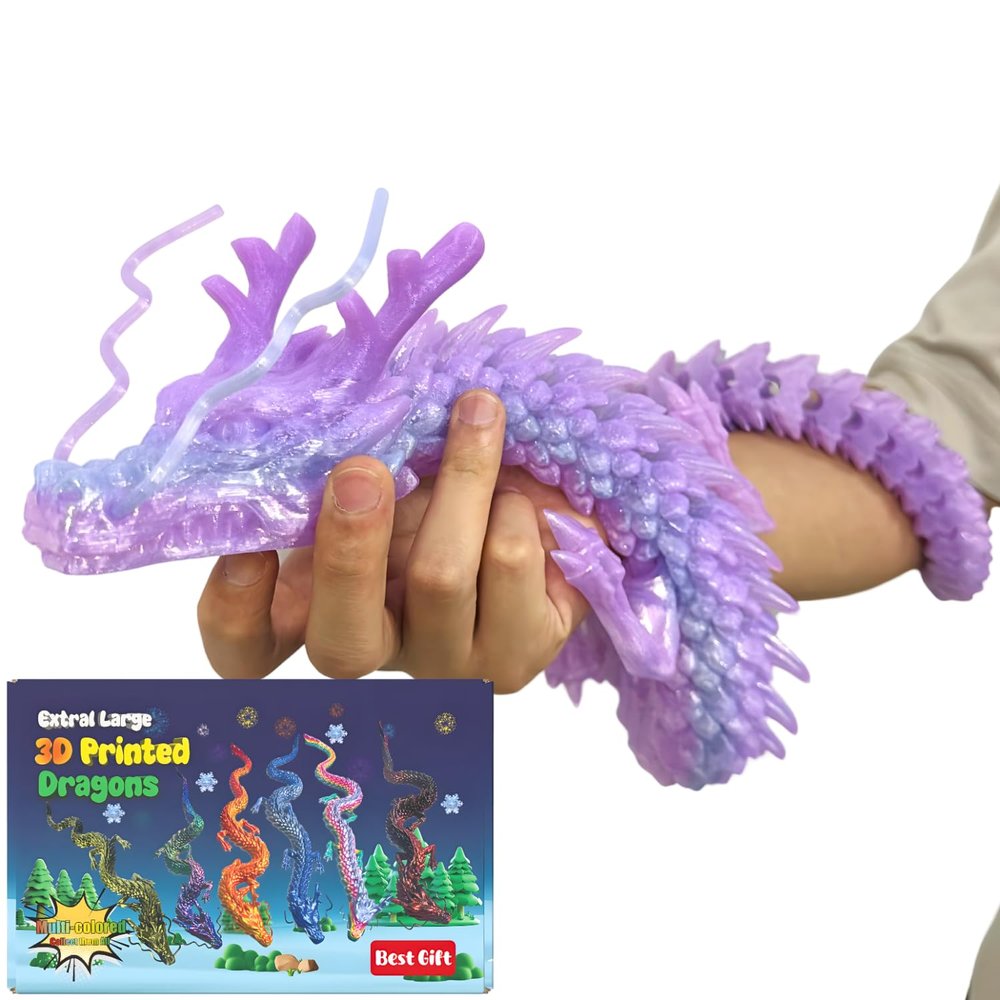 35.4in Large 3D Printed Dragon Toy with Gift Box - Flexible Articulated Dragon Action Figure for Creative Play or Desk Decor Display - Unique Gift for Kids & Stress Relief Toys Adults (Crystal Purple)