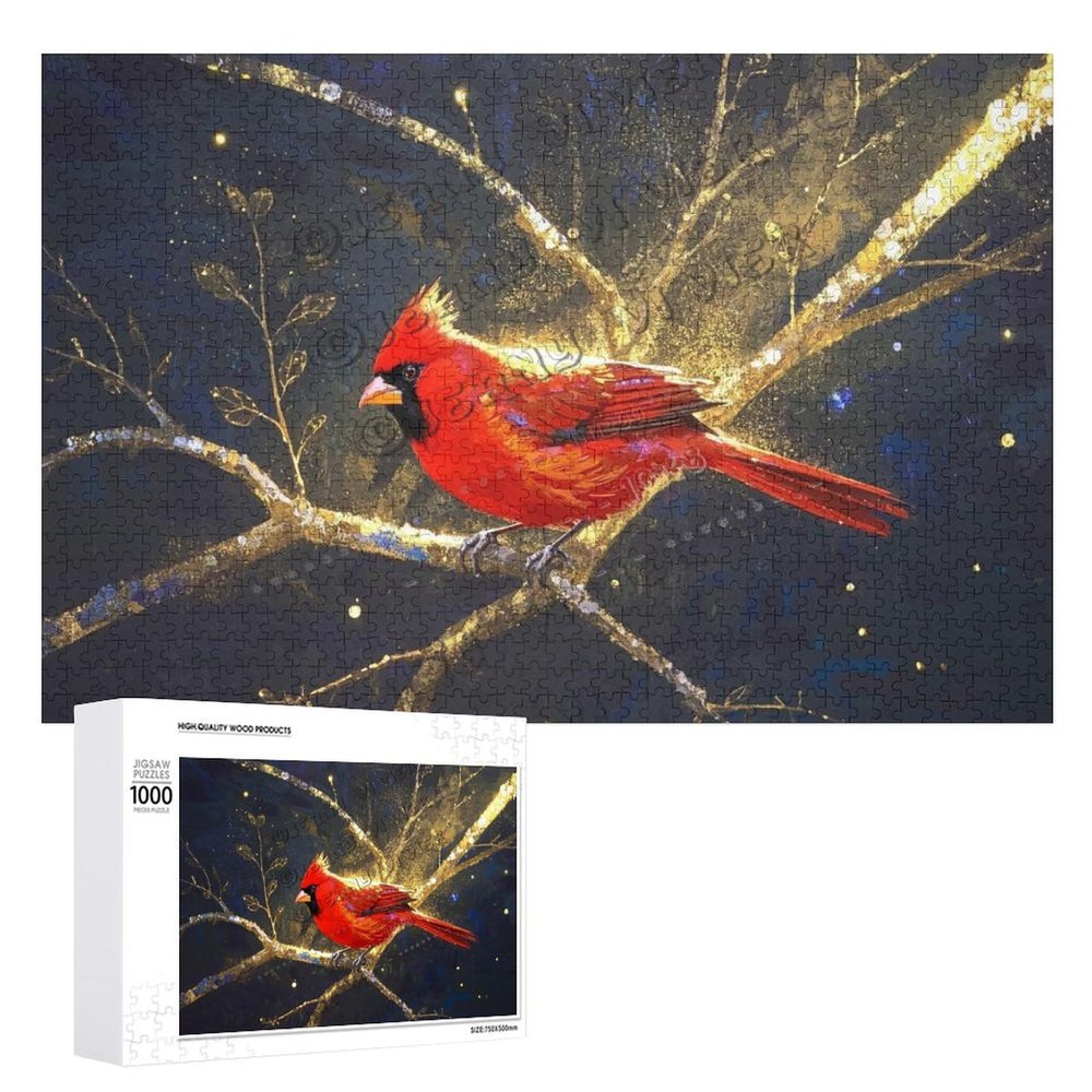 Golden Abstract Red Bird Puzzle 1000 Piece Wooden Jigsaw for Adults Relaxing Bird Design for Mental Wellness, Mindfulness, and Home Decor