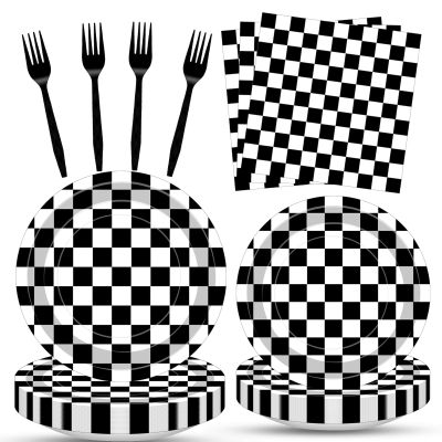 100 Pcs Racing Checkered Party Supplies Set, Serves 25  Disposable Black and White Checkerboard Paper Plates, Napkins, and Forks, Race Car Themed Tableware for Birthday, and Racing Table Decorations
