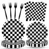 100 Pcs Racing Checkered Party Supplies Set, Serves 25  Disposable Black and White Checkerboard Paper Plates, Napkins, and Forks, Race Car Themed Tableware for Birthday, and Racing Table Decorations view 1