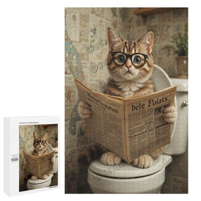 1000 Piece Puzzle for Adults Cat on The Toilet Reading Newspaper Humorous and Unique Wooden Jigsaw Puzzle for Relaxation and Fun