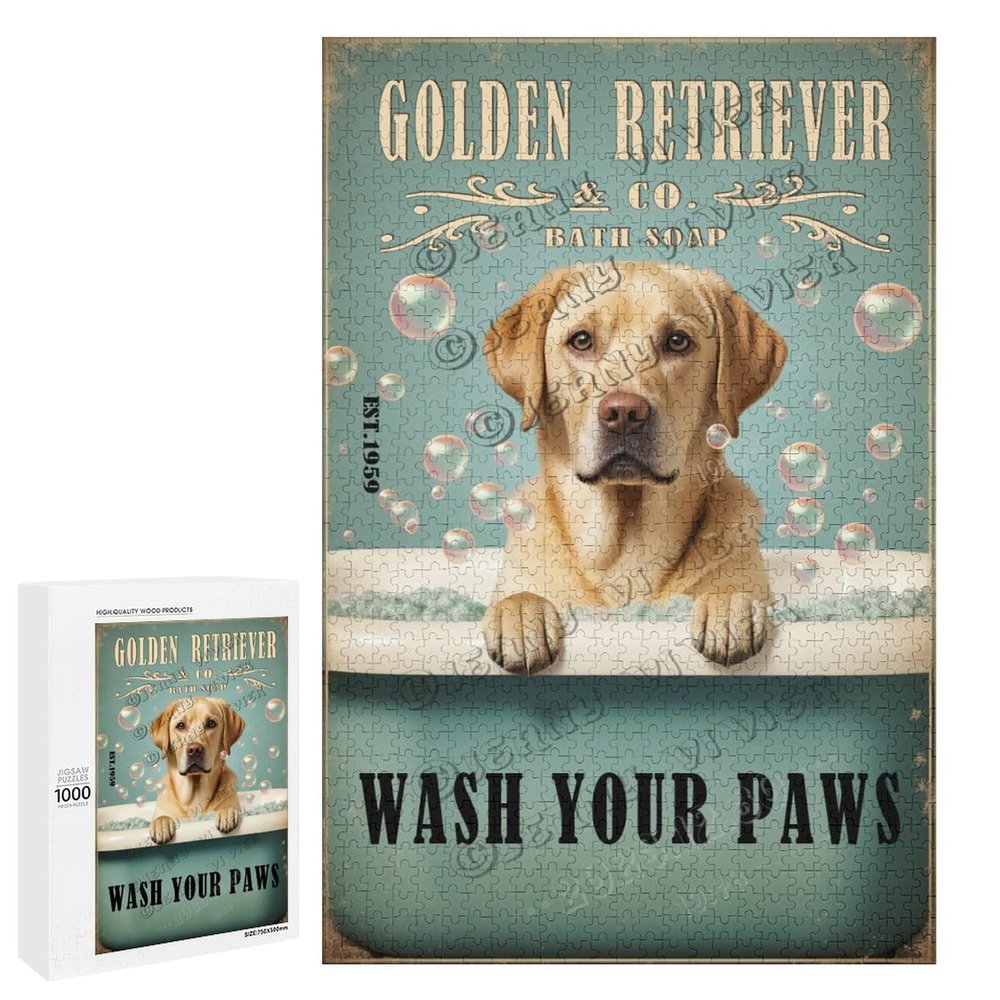 1000 pcs Wooden Puzzle Golden Retriever Wash Your Paws Funny and Relaxing Dog Puzzle for Adults Ideal Gift for Pet Parents and Home Decor Fans