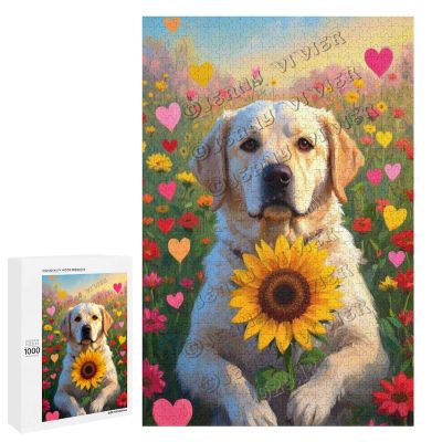 1000 pcs Wooden Puzzle for Adults - Labrador Retriever and Sunflower Jigsaw - Peaceful Pet-Themed Puzzle for Mindful Brain Activity