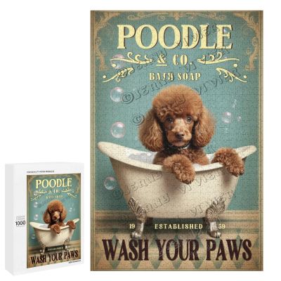 1000 pcs Wooden Jigsaw Puzzle  Cute Brown Poodle Wash Your Paws Design  Relaxing Hobby Gift for Dog Moms, Dads, and Animal Fans