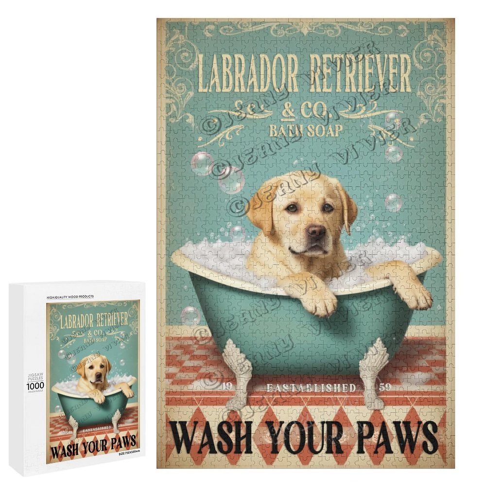 1000 pcs Wooden Jigsaw Puzzle for Adults - Labrador Retriever Wash Your Paws Design - Pet Humor Puzzle for Dog Lovers, Home Decor, and Gift