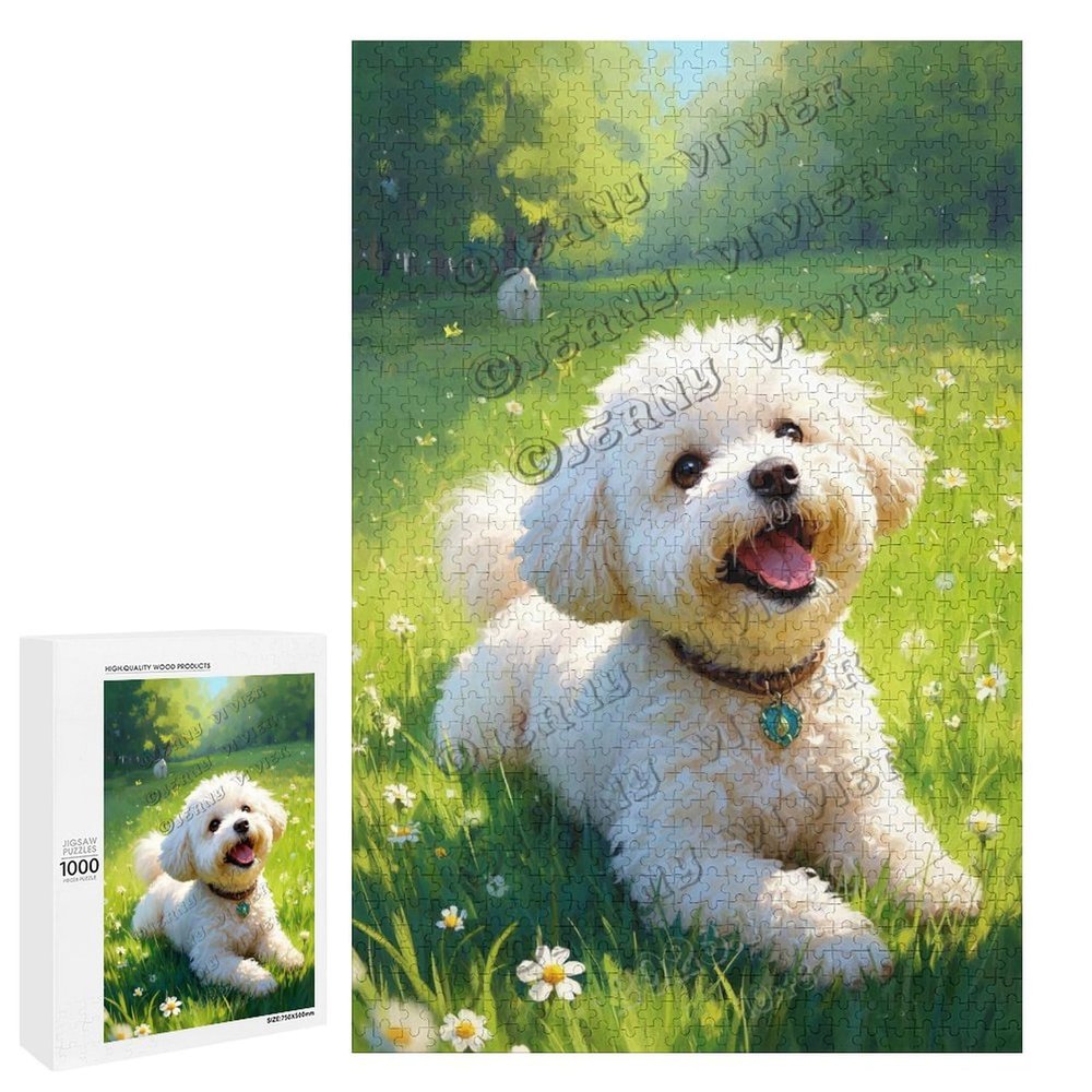 1000 pcs Jigsaw Puzzle  Bichon Frise on The Grass Wooden Puzzle for Adults  Relaxing, Calming Brain Activity and Dog Lover Gift