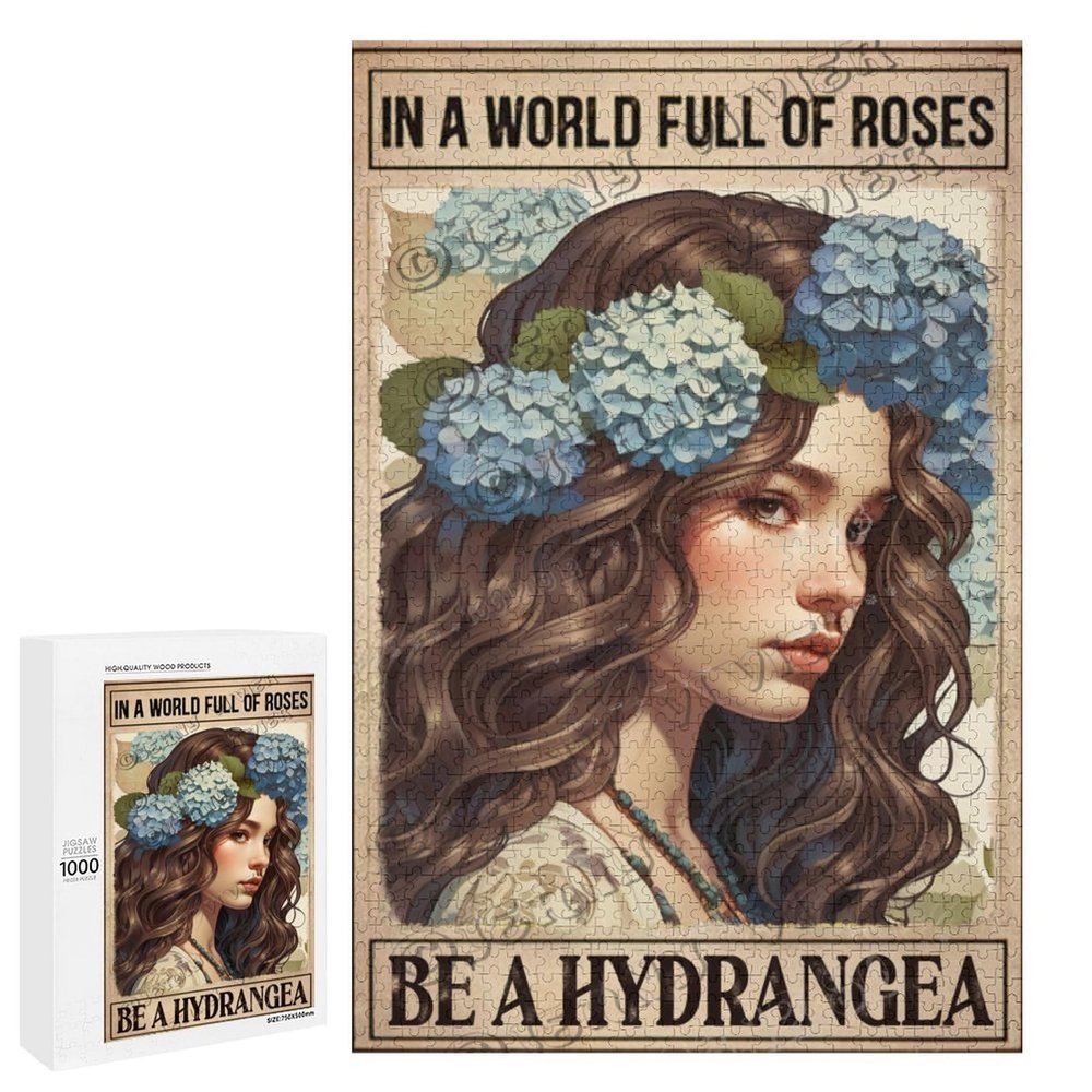 1000 pcs Wooden Puzzle for Adults - in A World Full of Rose Be A Hydrangea - Inspirational Flower Puzzle for Relaxation and Elegant Wall Art