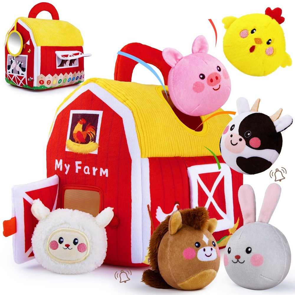 teytoy Baby Toys for Newborn 6-12 Months, Soft Barn with 6 Stuffed Farm Animals Playset for Toddlers Boys Girls 1-3 Years Baby Sensory Toys Birthday Easter Basket Stuffers Christmas Gifts