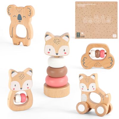 FReniland Wooden Montessori Baby Toys Set, 5-Piece Newborn Gift Set with Koala Rattle, Fox Stacking Rings & Push-Pull Toy for Boys and Girls