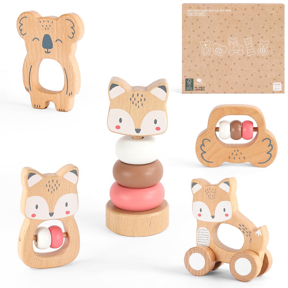 FReniland Wooden Montessori Baby Toys Set, 5-Piece Newborn Gift Set with Koala Rattle, Fox Stacking Rings & Push-Pull Toy for Boys and Girls