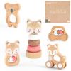 FReniland Wooden Montessori Baby Toys Set, 5-Piece Newborn Gift Set with Koala Rattle, Fox Stacking Rings & Push-Pull Toy for Boys and Girls view 1