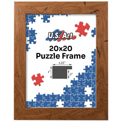 US Art Distressed Oak 20x20 Puzzle Frame 1.25" Inch Wide - Handmade American Picture Frames with Preinstalled Hangers and UV Blocking Plexiglass, 20x20 Frame