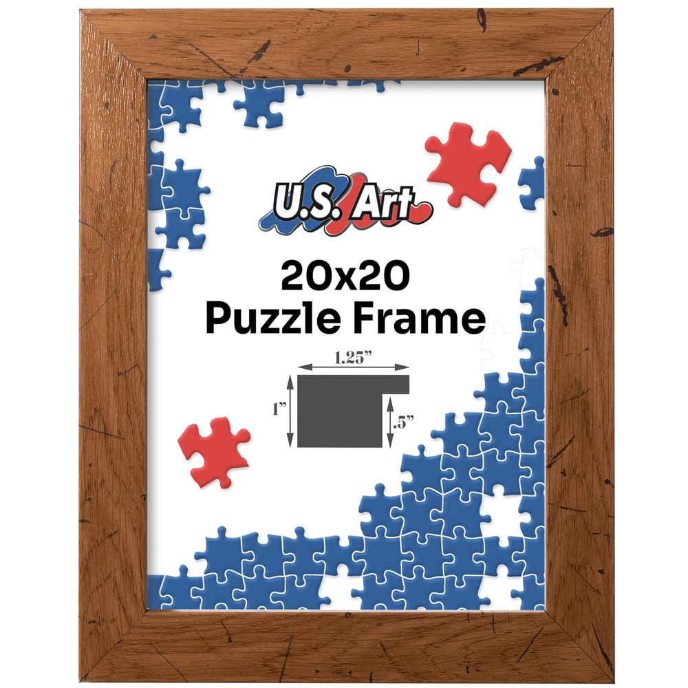 US Art Distressed Oak 20x20 Puzzle Frame 1.25" Inch Wide - Handmade American Picture Frames with Preinstalled Hangers and UV Blocking Plexiglass, 20x20 Frame