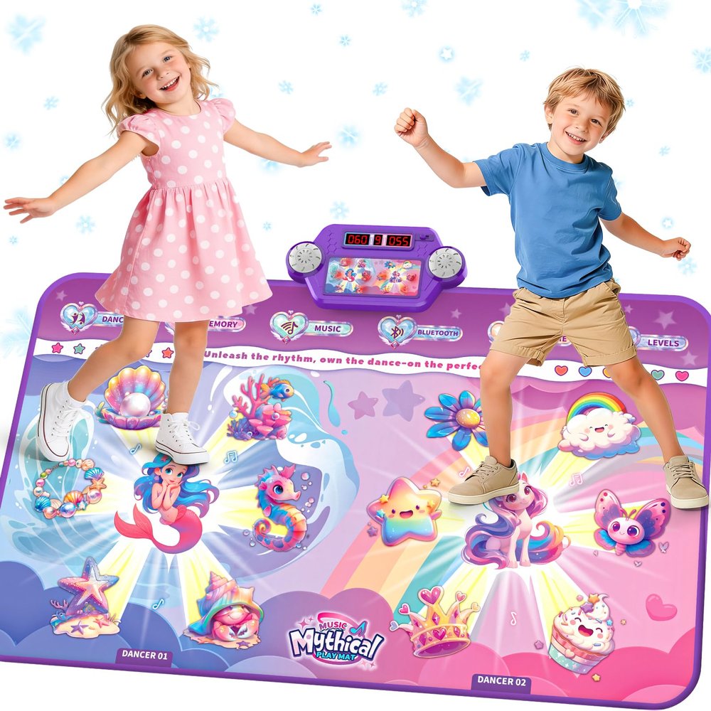MUZREES Dance Mat, Bluetooth Dance Pad Toy with LED Lights, 2 Players Unicorn Dance Pad for Kids, Birthday Party Game Music Princess Gift Ideas for Girls 3-12