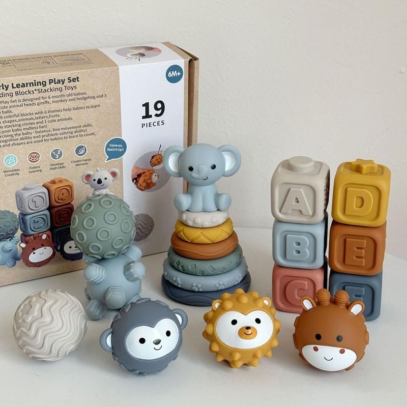 BELEVEL 3-in-1 Baby Early Learning Set Featuring Sensory Balls, Soft Building Blocks, and Colorful Stacking Toys Designed for Babies up to 6 Months. Made in PVC Material,Perfect for Safety
