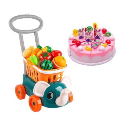 Children's Grocery Cart Toy with Food Cutting Set, Supermarket Play Handcart, Green