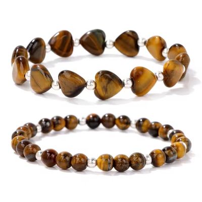 2Pcs Natural Stone Heart Round Beads Bracelet Malachite Beaded Bracelets For Women Men Friendship,Tiger Eye Stone,19cm
